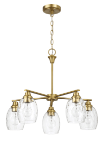 Elegance Five Lights Linear Arms with Golden Brass Finish Chain Chandelier 24"W √ó 8.5"H with Clear Water Glass