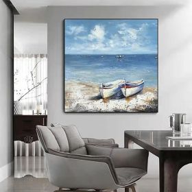 Hand Painted Oil Paintings Abstract Seascape Painting Boats On The Beach Living Room Hallway Luxurious Decorative Painting (style: 01, size: 70x70cm)