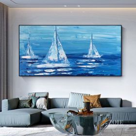 Colorful Ocean Sea Thick with Sunset and sailboat 100% Hand Painted Abstract Oil Painting Canvas Handmade Painting Gift (size: 70x140cm)