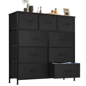 Dresser for Bedroom with 9 Fabric Drawers, Tall Chest Organizer Units for Clothing, Closet, Storage Tower with Cabinet, Metal Frame, Wooden Top (Color: Black)