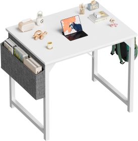 Computer Desk 32 Inch Small Office Writing, Work, Study, Kids, Students, Bedroom, Wooden Minimalist Table with Storage Bag and Headphone Hooks (Three: white)